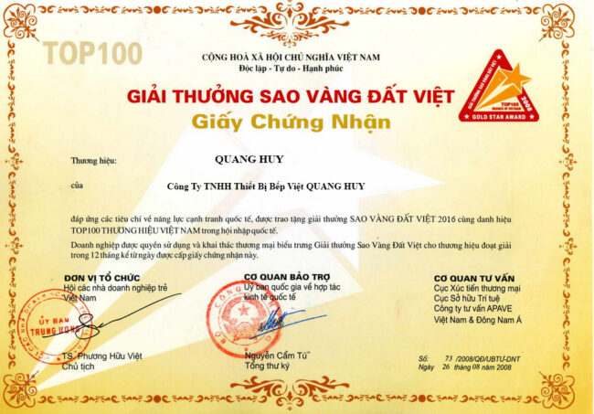 Chứng nhận giải thưởng về những đóng góp của Quang Huy