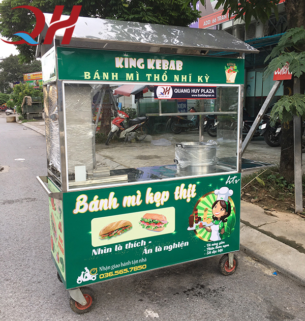 Xe bánh mì thịt nướng được sản xuất phân phối bởi Quang Huy, xe bánh mì thịt nướng, xe bán bánh mì thịt nướng, giá xe bánh mì thịt nướng, bánh mì thịt nướng xe đẩy