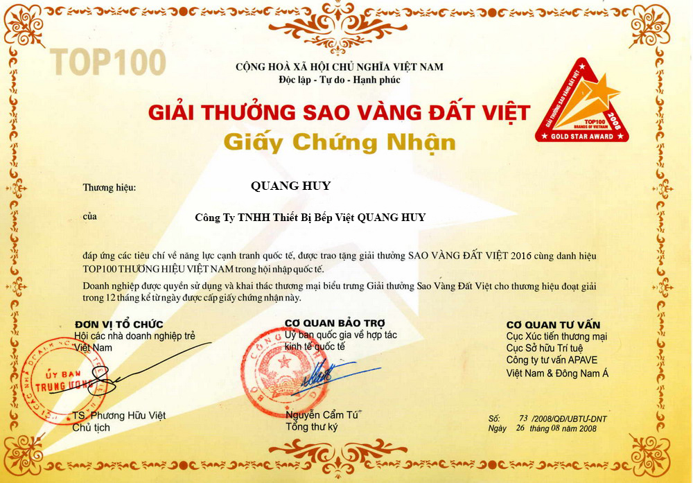 giấy chứng nhận cho những đóng góp của Quang Huy