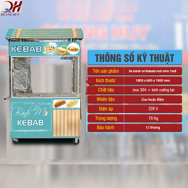 Thông số kỹ thuật xe bánh mì doner kebab 1m8 mái vòm