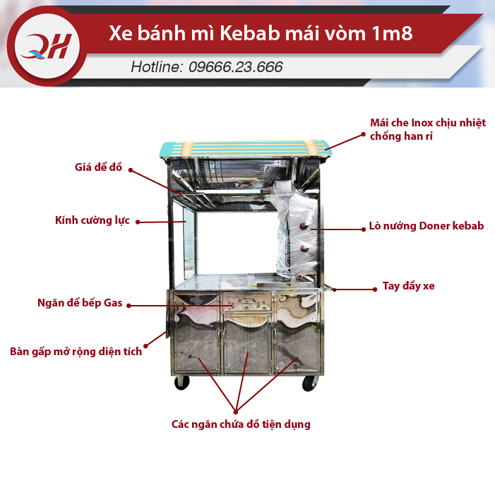 Xe bánh mì Doner Kebab mái vòm 1m8 với thiết kế mái mới lạ