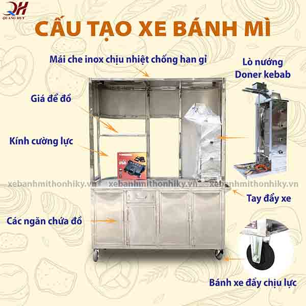 Cấu tạo cơ bản của xe đẩy bán bánh mì Quang Huy