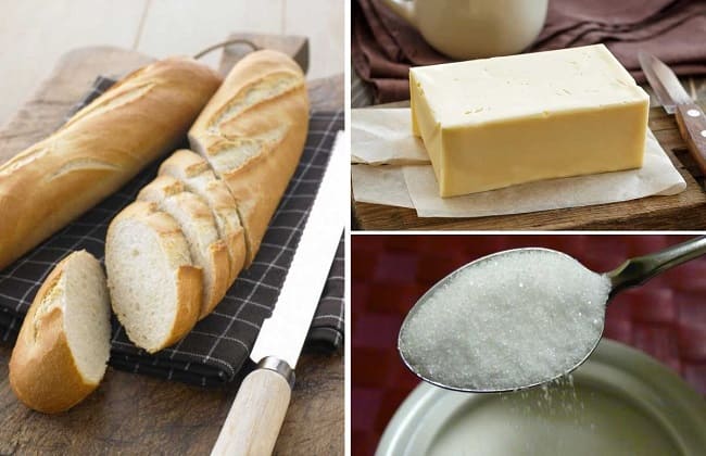 Chuẩn bị bánh mì baguette dài, bơ và đường