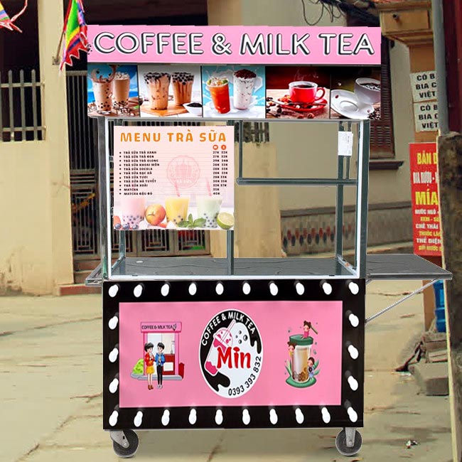 Xe trà sữa màu hồng phù hợp với quán trà sữa pheo phong cách dễ thương