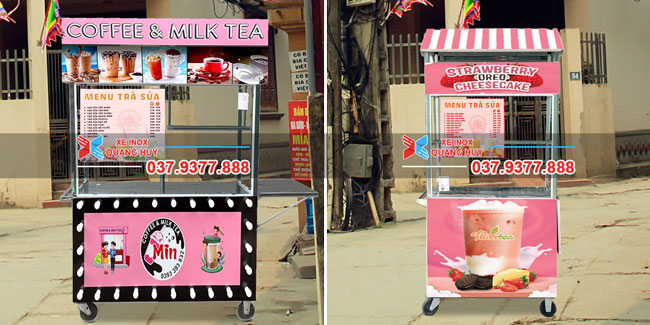 xe đẩy bán trà sữa màu hồng